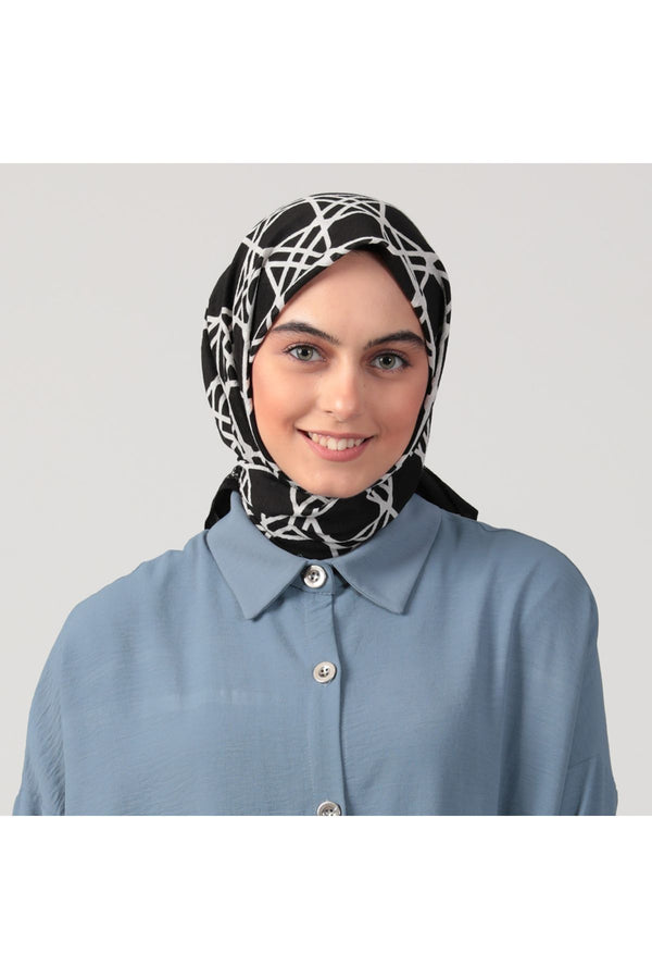 Pamuklu Bürümcük Eşarp - Asimetrik Desen - Siyah