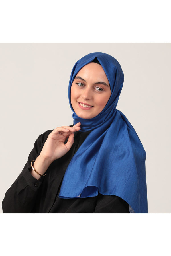 Yün İpek Şal - Dağ Desen - Saks Mavi