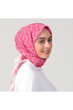 Pamuk Ipek Eşarp - Geometrik Desen - Fuşya