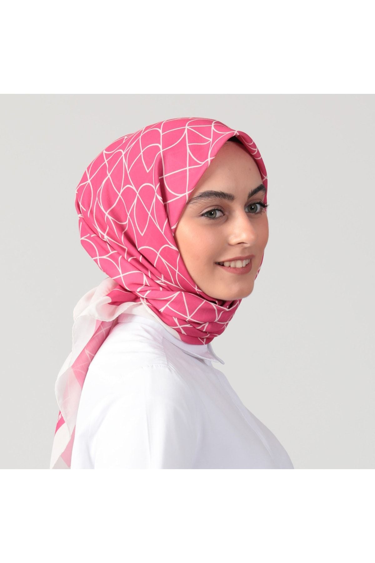 Pamuk Ipek Eşarp - Geometrik Desen - Fuşya