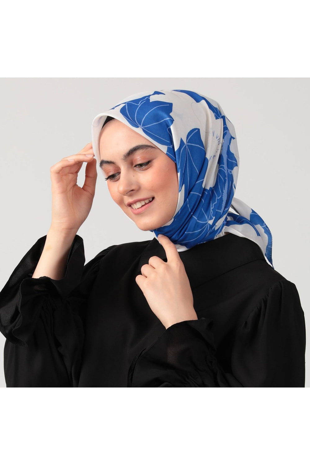 Pamuk İpek Eşarp - Manolya Desen - Saks Mavi