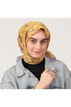 Pamuk İpek Eşarp - Yonca Desen - Sarı Lila