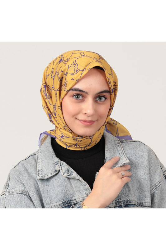 Pamuk İpek Eşarp - Yonca Desen - Sarı Lila