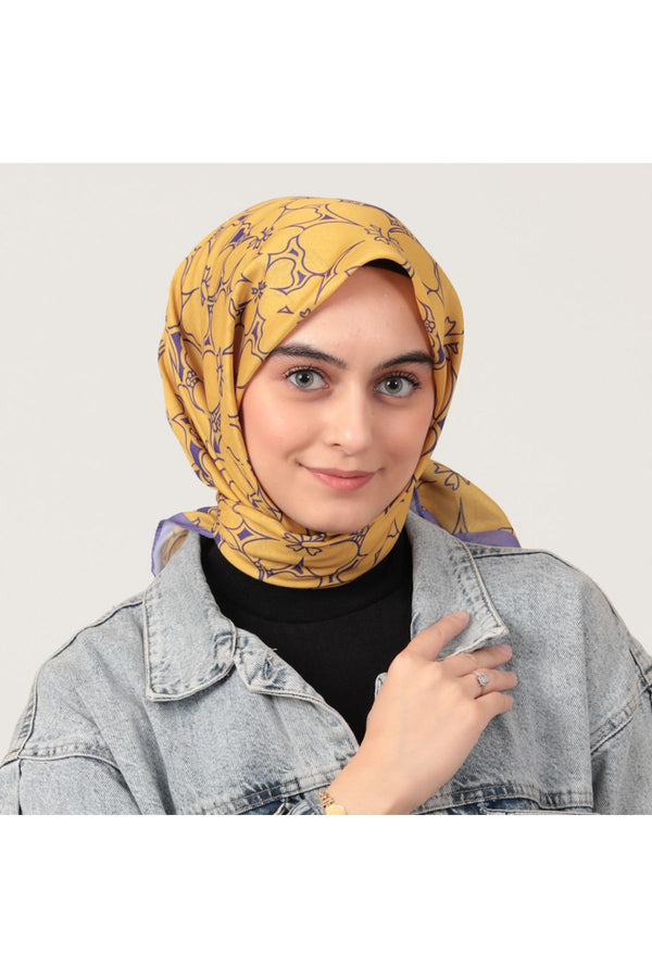 Pamuk İpek Eşarp - Yonca Desen - Sarı Lila