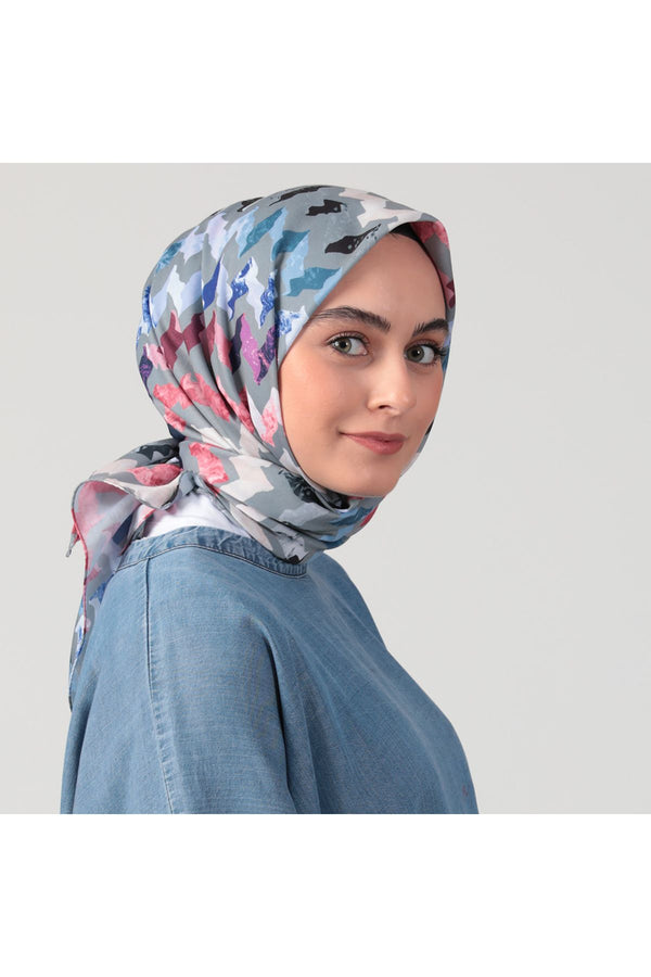 Pamuk İpek Eşarp - Zigzag Desen - Gri