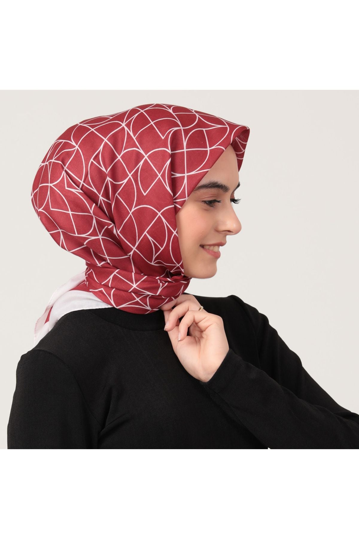Pamuk İpek Eşarp - Geometrik Desen - Bordo