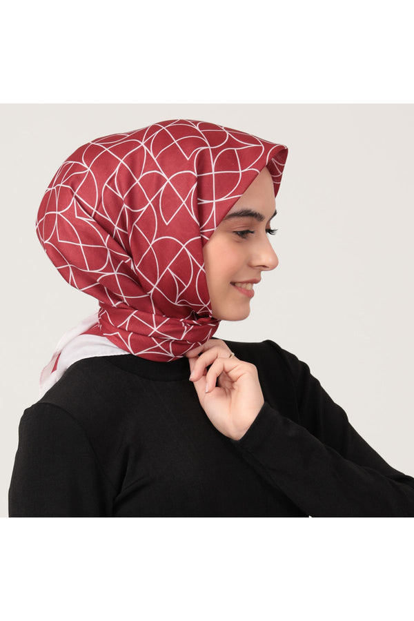 Pamuk İpek Eşarp - Geometrik Desen - Bordo