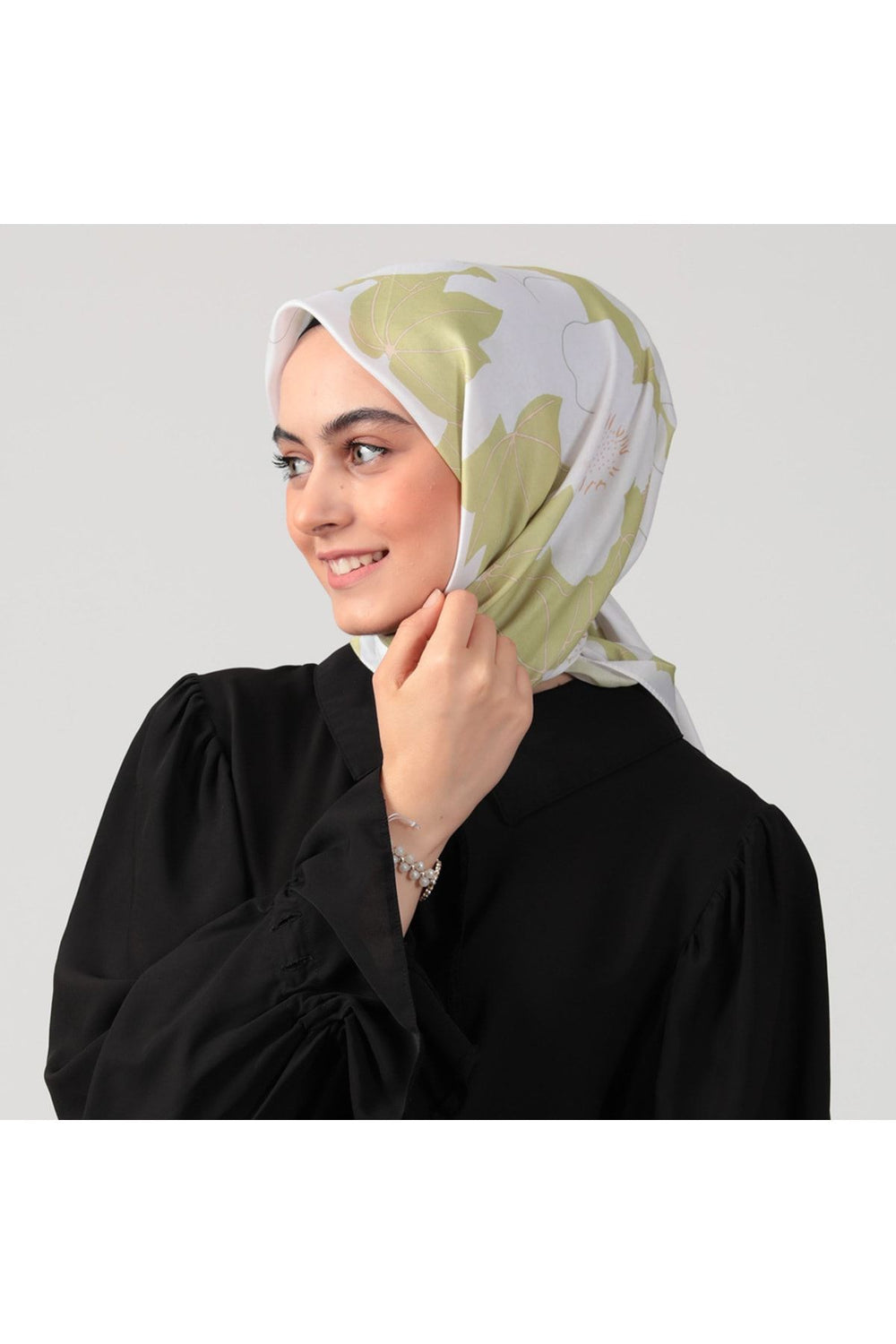 Pamuk İpek Eşarp - Manolya Desen - Lime