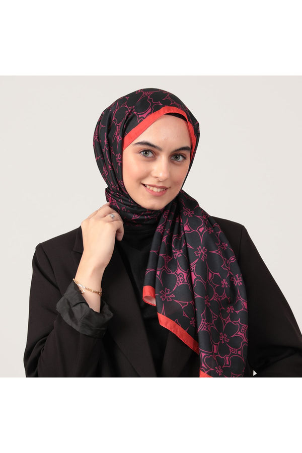 Pamuk İpek Şal - Yonca Desen - Siyah Fuşya