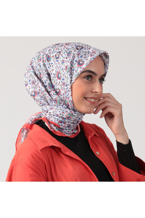 Pamuk İpek Eşarp - Çini Desen - Oranj