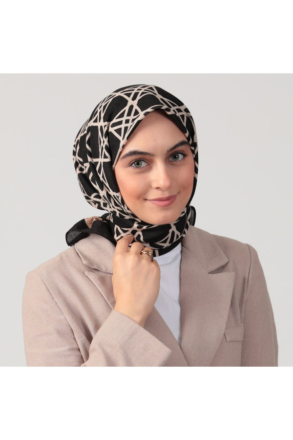 Pamuklu Bürümcük Eşarp - Asimetrik Desen - Siyah Vizon