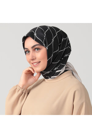 Pamuk Ipek Eşarp - Dalga Desen - Siyah