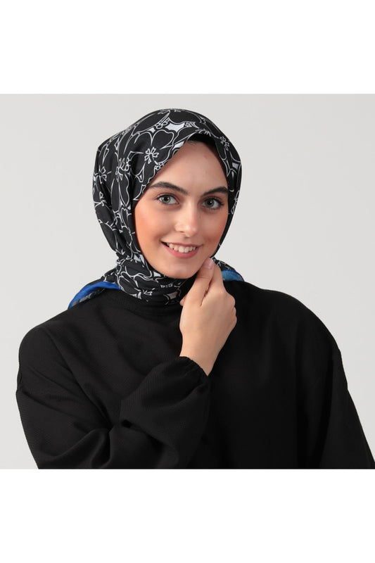 Pamuk İpek Eşarp - Yonca Desen - Siyah Saks