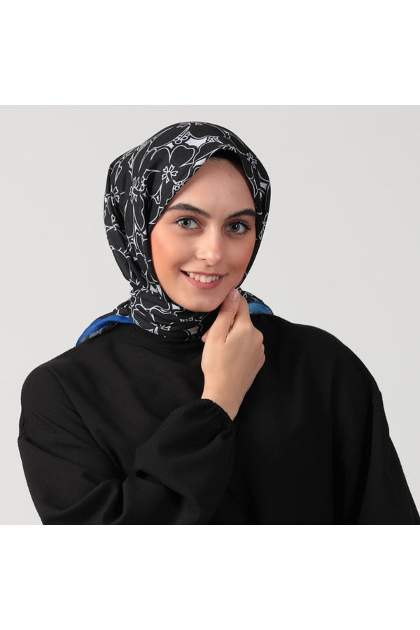Pamuk İpek Eşarp - Yonca Desen - Siyah Saks