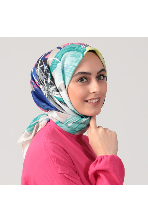 Pamuk Ipek Eşarp - Tropik Desen - Saks Mavisi