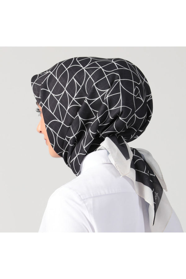 Pamuk İpek Eşarp - Geometrik Desen - Siyah