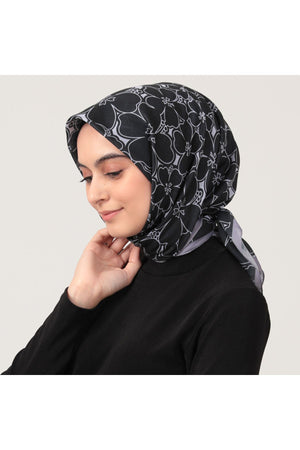 Pamuk İpek Eşarp - Yonca Desen - Siyah Gri