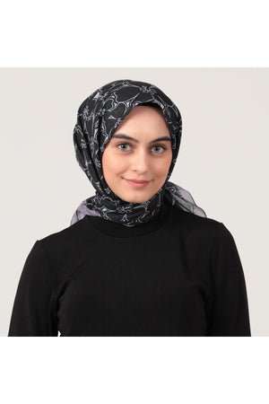 Pamuk İpek Eşarp - Yonca Desen - Siyah Gri