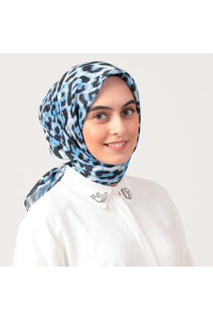 Pamuk İpek Eşarp - Büyük Leopar Desen - Mavi