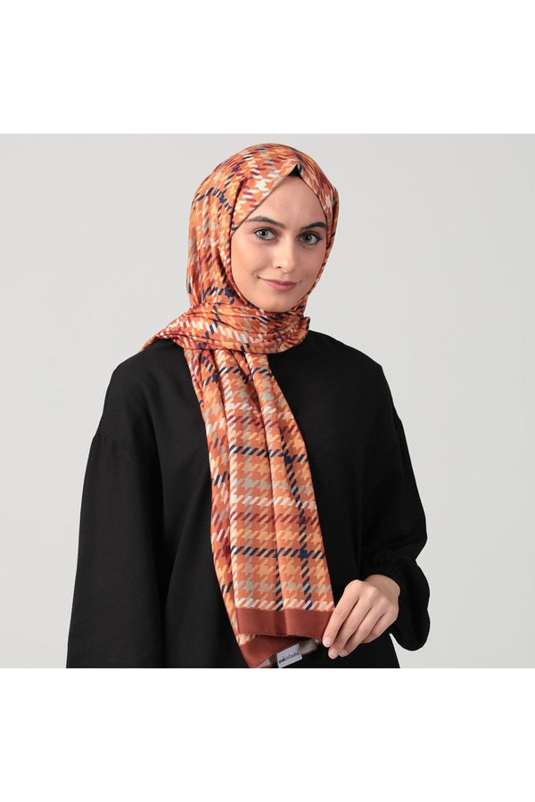 Pamuk İpek Şal - Kazayağı Desen - Tarçın