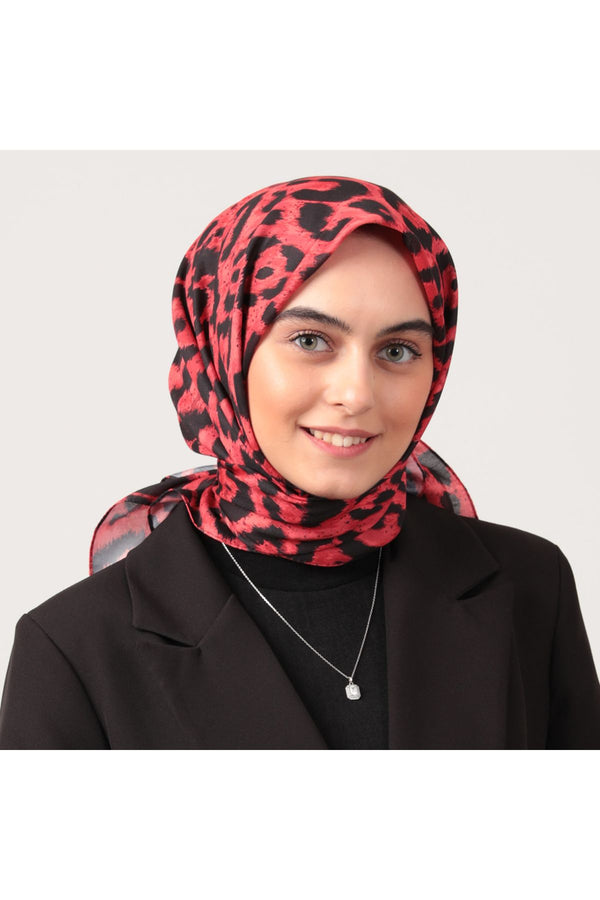 Pamuk İpek Eşarp - Büyük Leopar Desen - Bordo