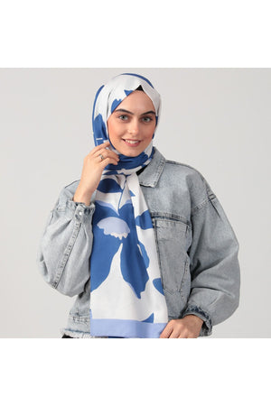 Pamuk İpek Şal - Açelya Desen - Saks Mavisi