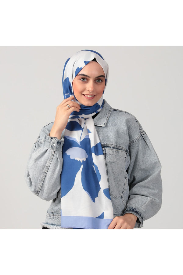 Pamuk İpek Şal - Açelya Desen - Saks Mavisi