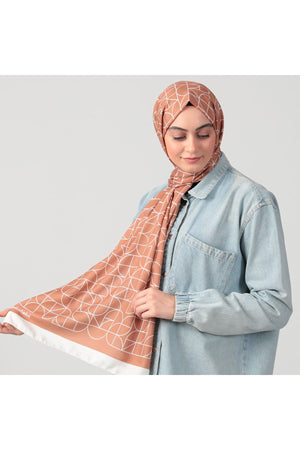 Pamuk Ipek Şal - Geometrik Desen - Tarçın