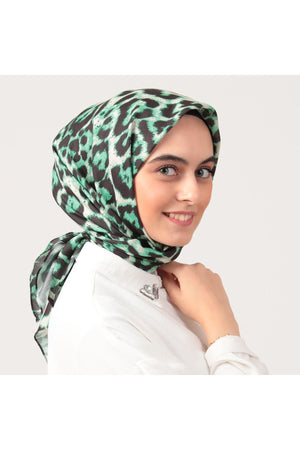 Pamuk İpek Eşarp - Büyük Leopar Desen - Yeşil