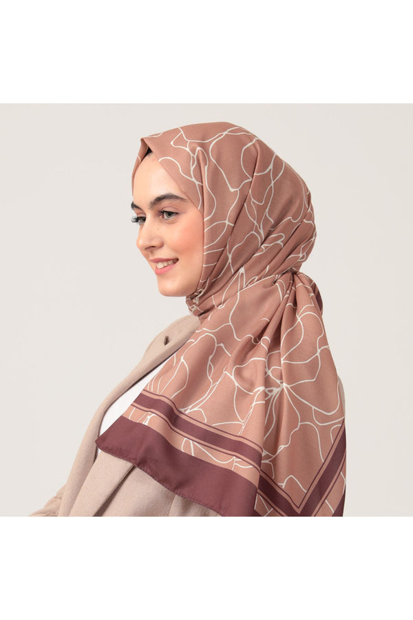 Pamuk İpek Şal - Gelincik Desen - Kahverengi