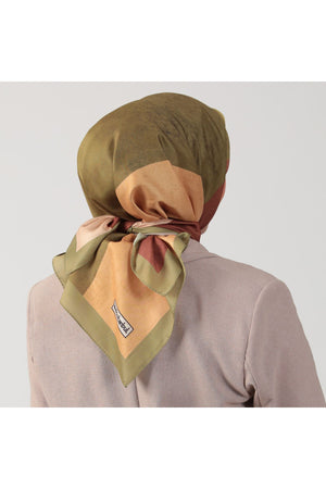 Pamuk İpek Eşarp - Asimetrik Desen - Yağ Yeşili