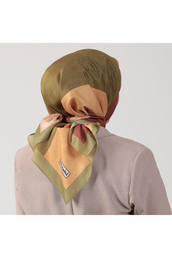 Pamuk İpek Eşarp - Asimetrik Desen - Yağ Yeşili