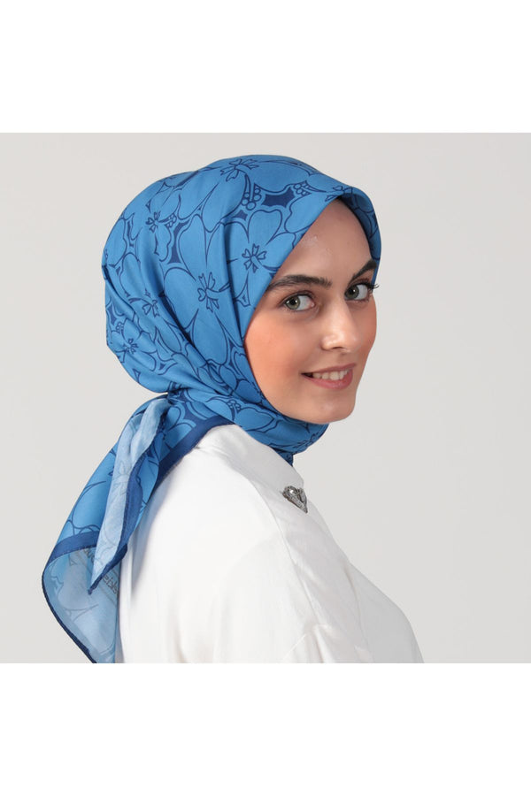 Pamuk İpek Eşarp - Yonca Desen - İndigo