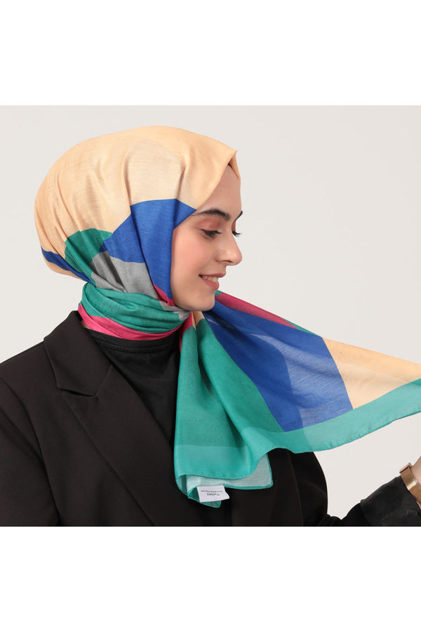 Pamuk İpek Şal - Asimetrik Desen - Benetton