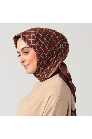 Pamuklu Bürümcük Eşarp - Kare Desen - Kahverengi