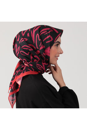 Pamuk İpek Eşarp - Akşam Sefası Desen - Siyah Fuşya