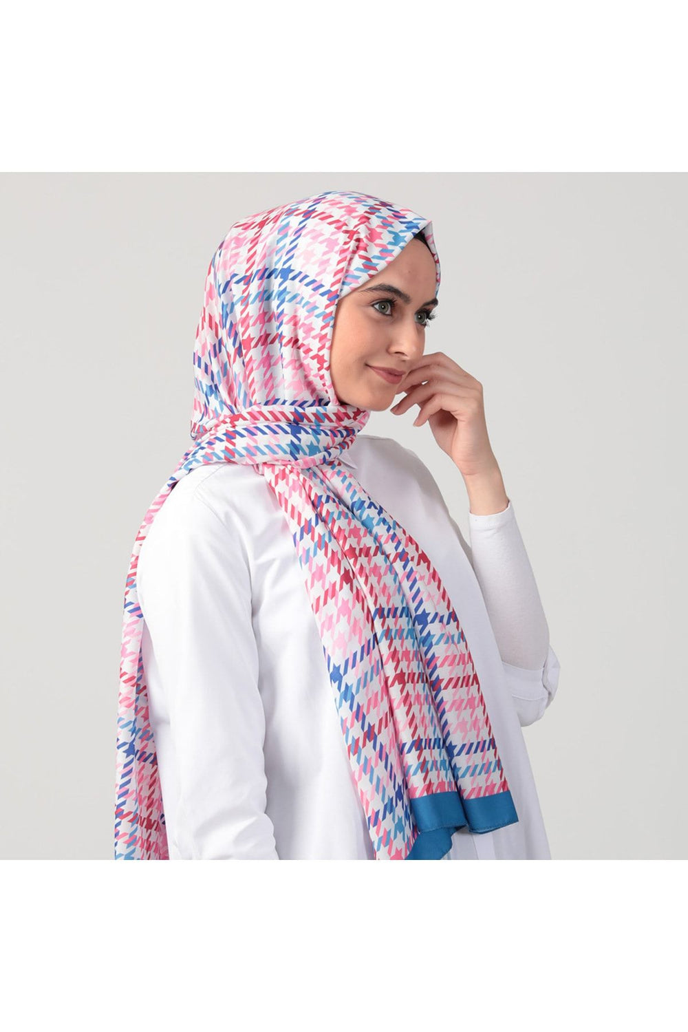Pamuk İpek Şal - Kazayağı Desen - Fuşya