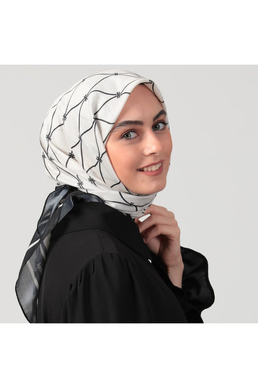 Pamuk Ipek Eşarp - Dalga Desen - Beyaz
