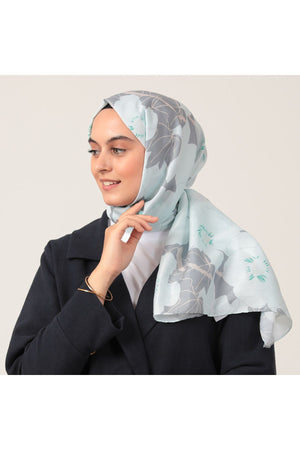 Pamuk İpek Şal - Manolya Desen - Mint Yeşili