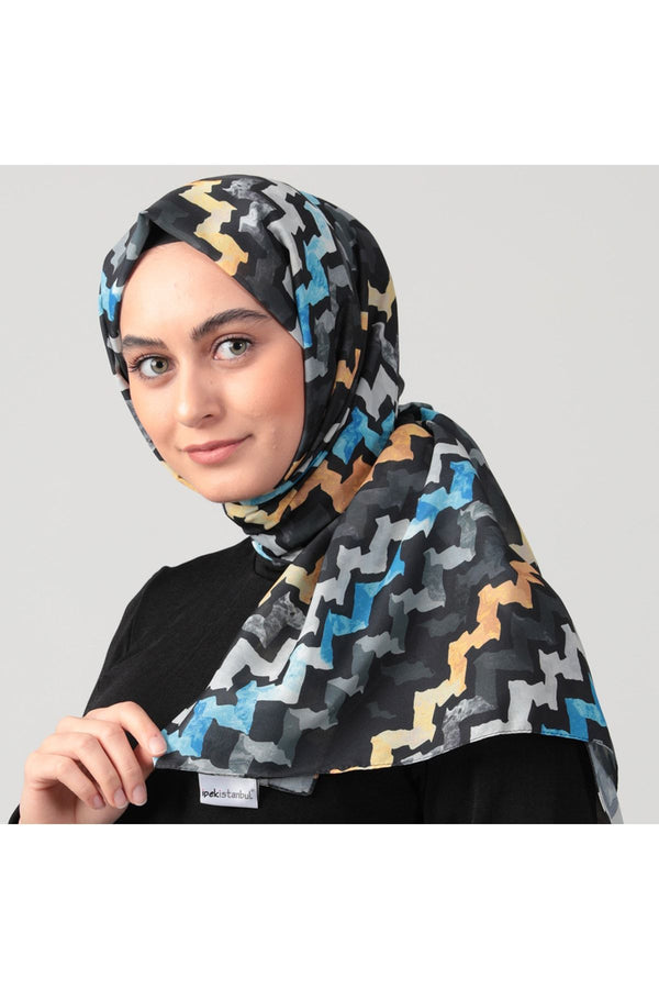 Pamuk Ipek Şal - Zigzag Desen - Siyah Sarı