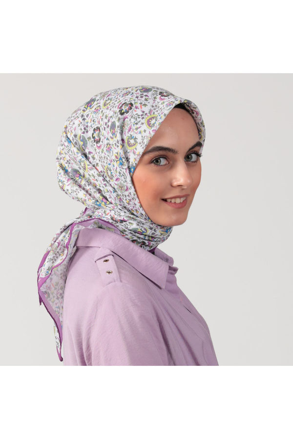 Pamuk İpek Eşarp - Çini Desen - Leylak