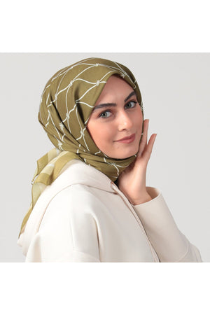 Pamuk Ipek Eşarp - Dalga Desen - Yağ Yeşili