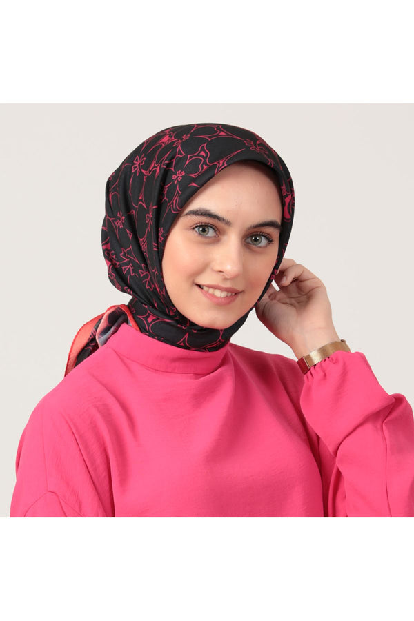 Pamuk İpek Eşarp - Yonca Desen - Siyah Fuşya
