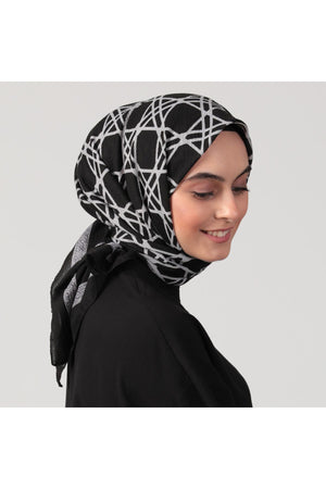 Pamuklu Bürümcük Eşarp - Asimetrik Desen - Siyah Gri