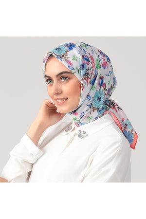 Pamuk İpek Eşarp - Hibiskus Desen - Nar Çiçeği