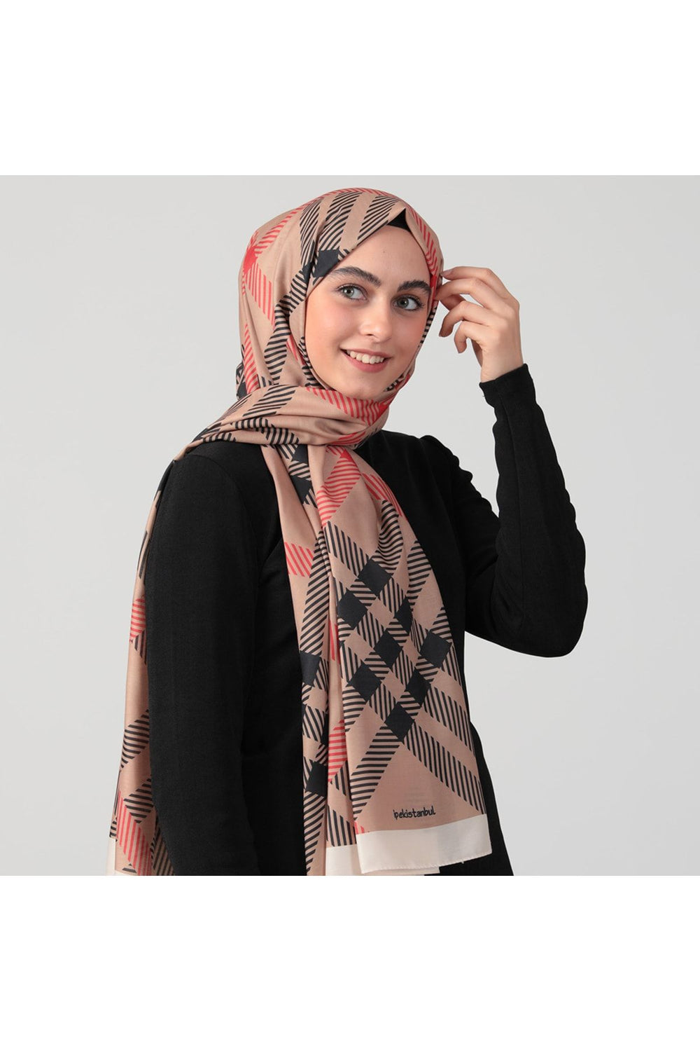 Pamuk Ipek Şal - Ekose Desen - Camel
