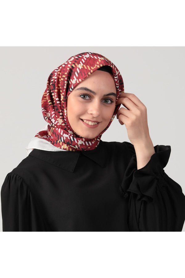 Pamuk İpek Eşarp - Kazayağı Desen - Bordo