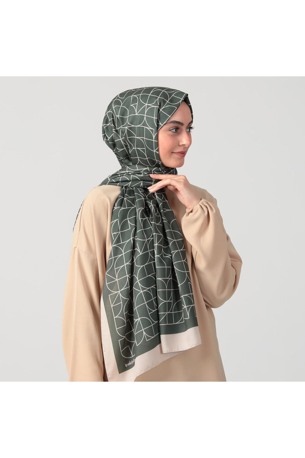 Pamuk Ipek Şal - Geometrik Desen - Haki