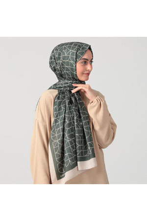 Pamuk Ipek Şal - Geometrik Desen - Haki