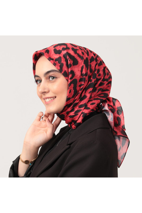Pamuk İpek Eşarp - Büyük Leopar Desen - Bordo
